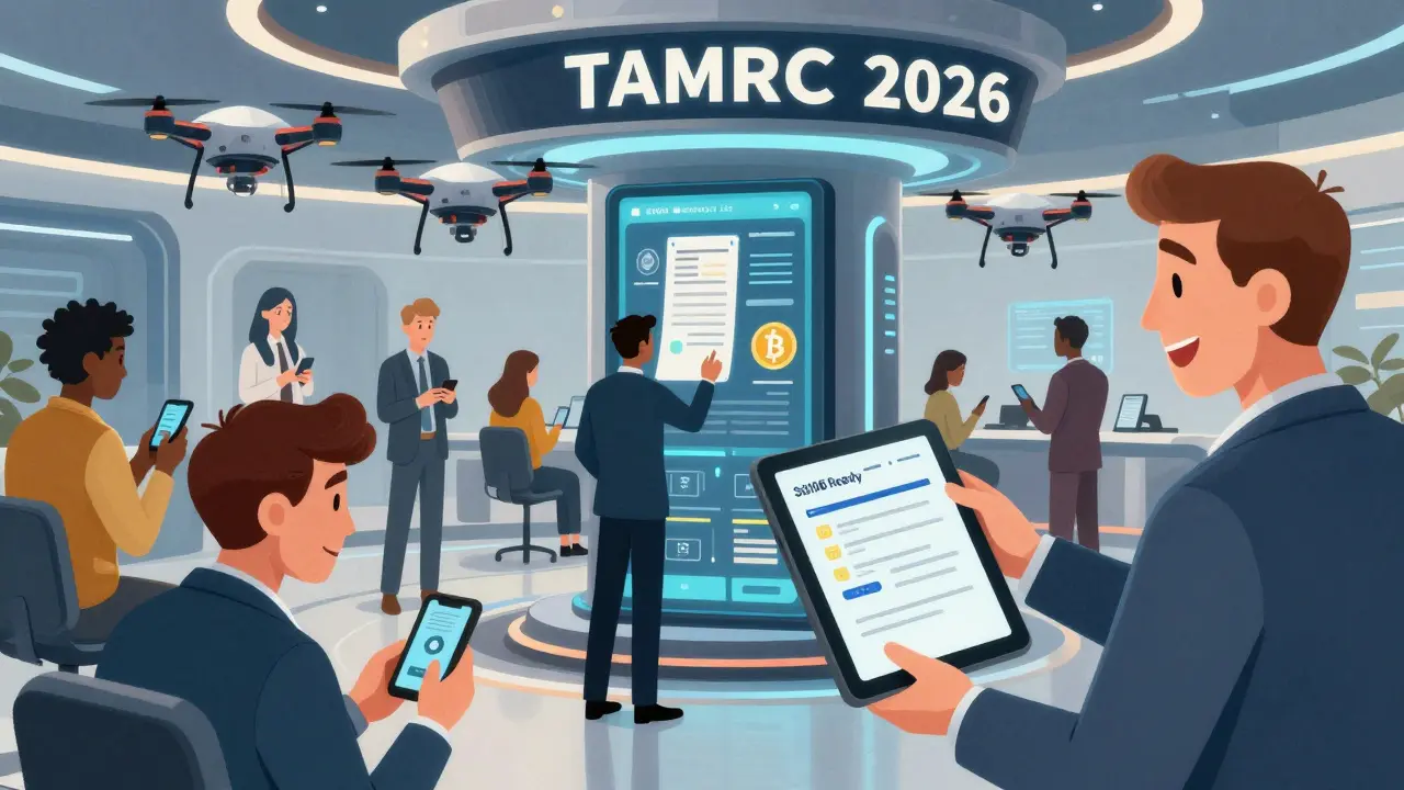 Ufficio fiscale UK nel 2026 con droni che inviano dati crypto all'HMRC mentre investitori osservano i loro movimenti.