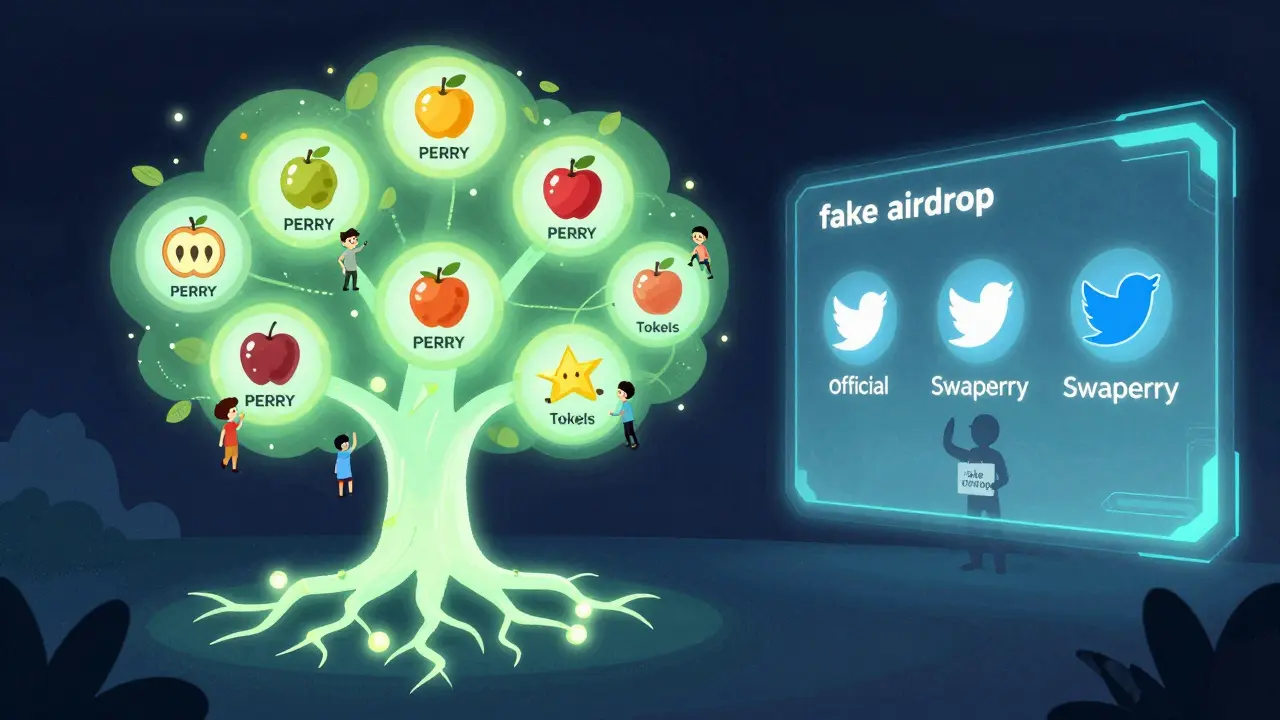 Un albero di ricompense PERRY cresce da una rete blockchain, con utenti che raccolgono frutti per attività sulla piattaforma.