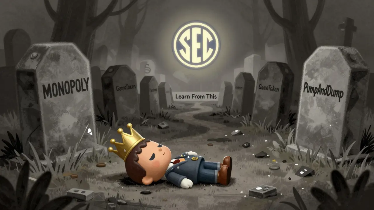 Un cimitero di progetti cripto con una lapide per MONOPOLY e un giocattolo del marchio sepolto, mentre un avviso della SEC fluttua nel fondo.