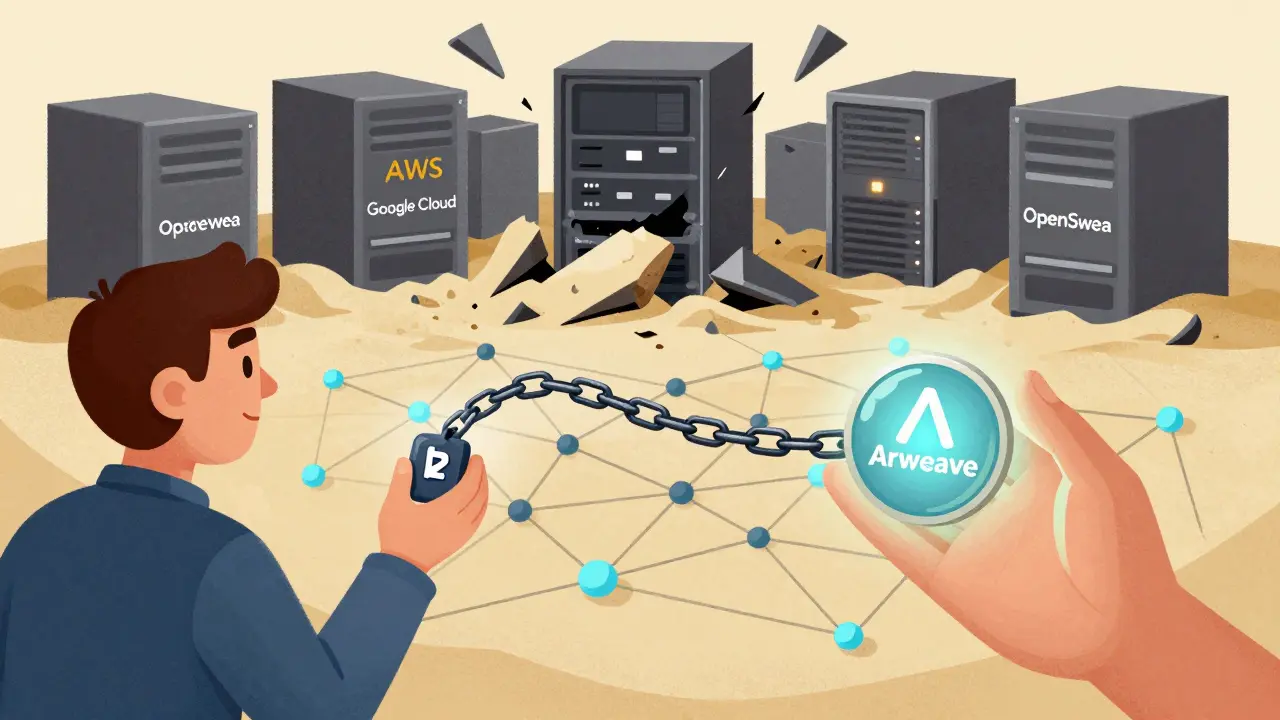 Un collezionista con un token Arweave mentre server centralizzati crollano in sabbia.
