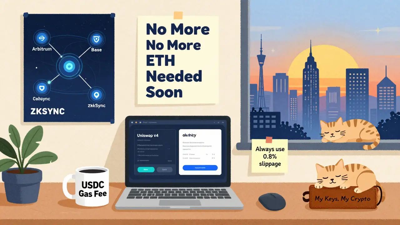 Un desk da trader nel 2025 con interfaccia Uniswap v4, tazza di USDC e poster che mostra ponti tra reti blockchain decentralizzate.