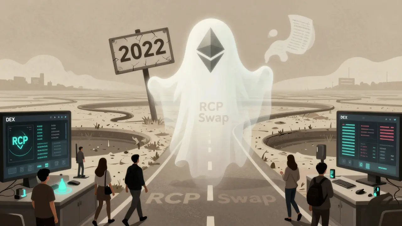 Un DEX fantasma di RCP Swap che svanisce su un'autostrada blockchain, lasciando pozze di liquidità asciutte.