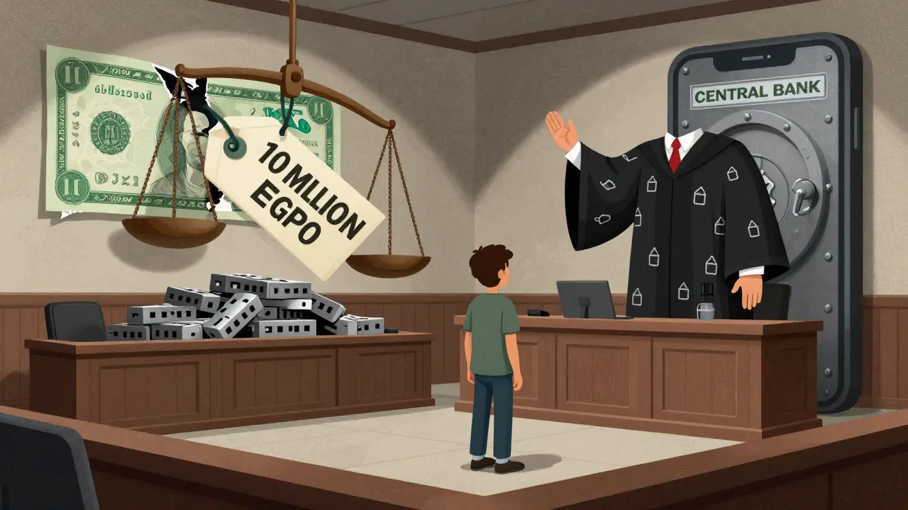 Un giovane in tribunale davanti a un giudice gigante, con una bilancia che pende verso prigione e multa.