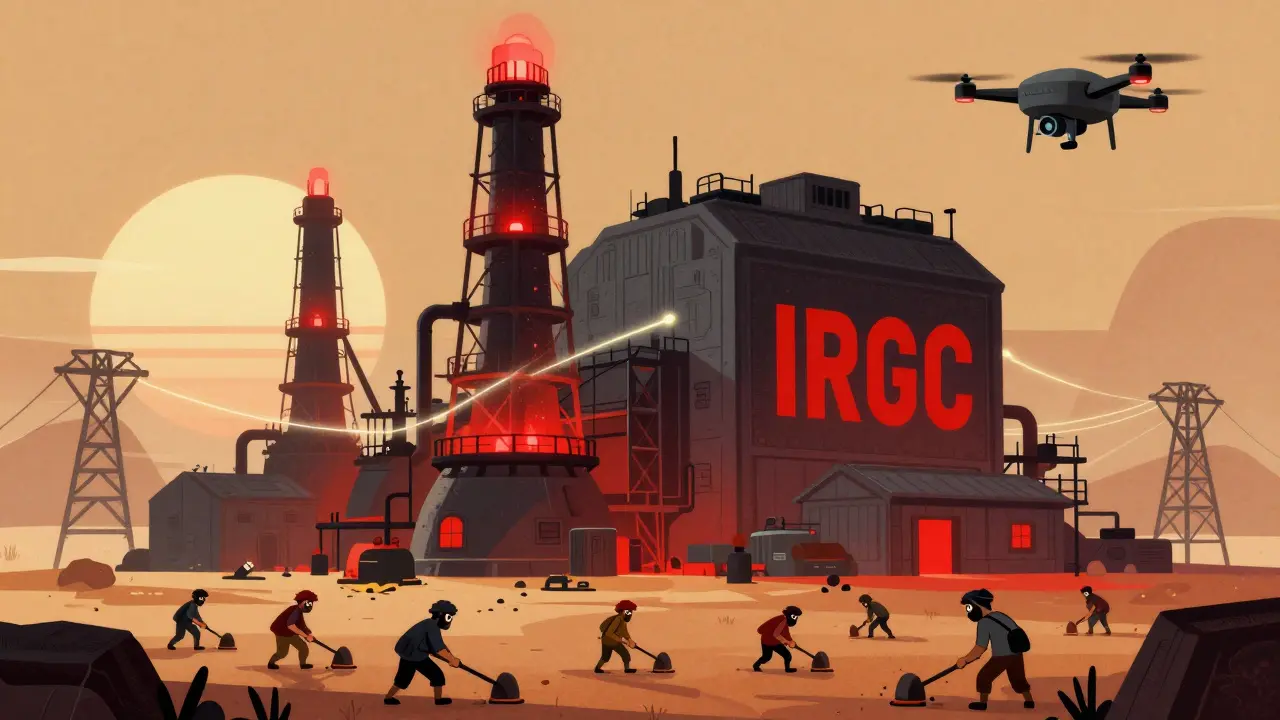 Un impianto di mining controllato dall'IRGC domina il paesaggio mentre minatori privati lottano con piccoli dispositivi.