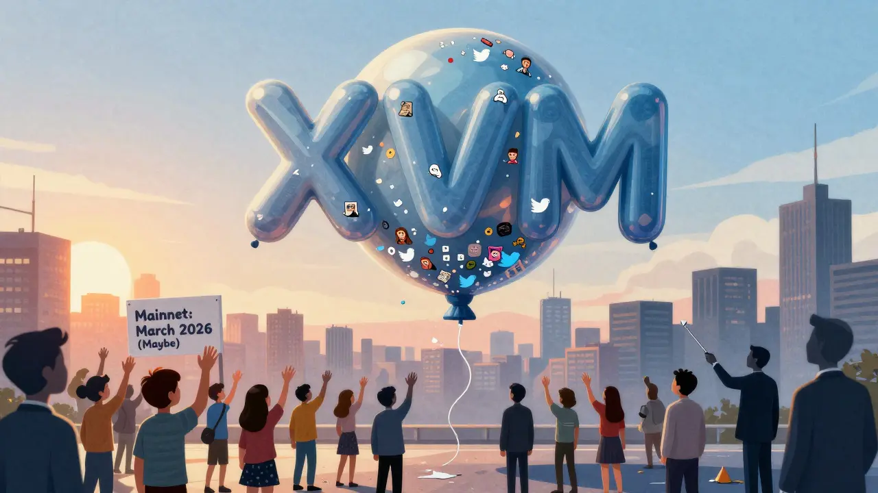 Un pallone a forma di token XVM pieno di tweet, mentre una folla cerca di afferrarlo, minacciato da mani nascoste.