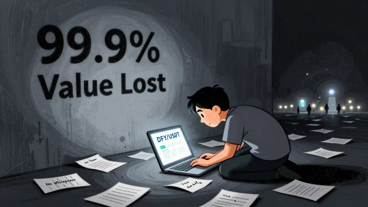 Un trader davanti a uno schermo DFY circondato da avvertimenti e ombre di valore perso.