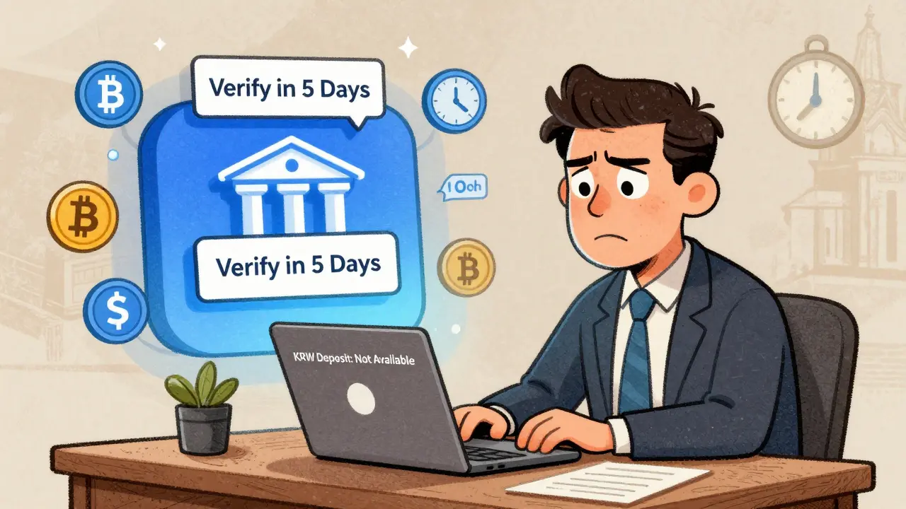 Un trader internazionale bloccato da limiti di deposito KRW, con un'app Upbit che richiede verifica lunga.