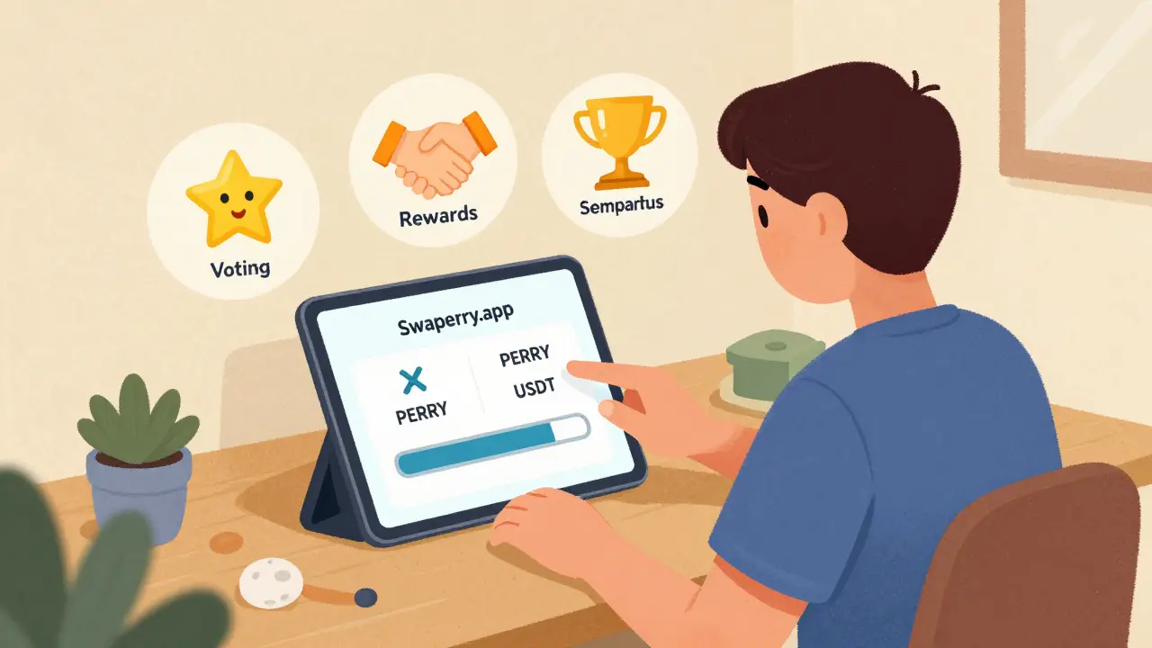Un utente collega il proprio wallet Polkadot a Swaperry per eseguire uno scambio di PERRY, con icone di ricompense attorno a lui.