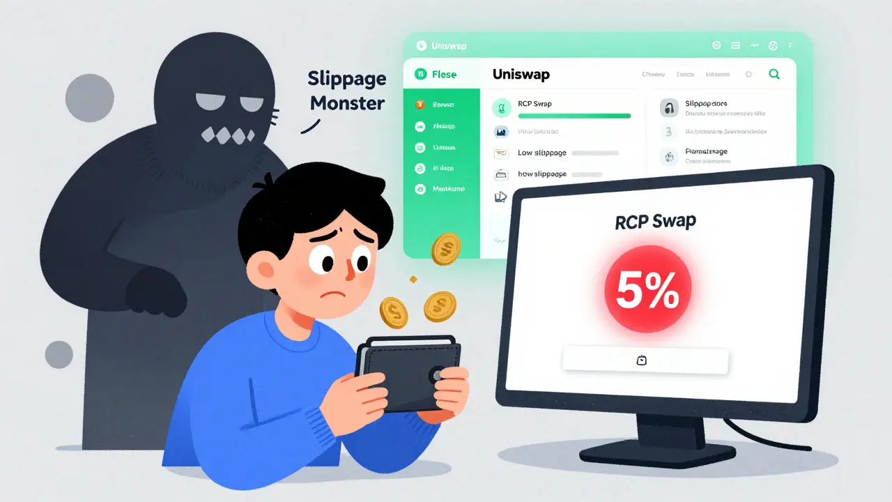 Un utente vedendo un avviso di slippage del 5% su RCP Swap mentre Uniswap brilla in background.