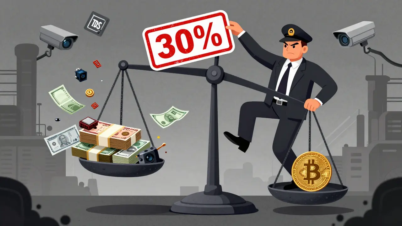 Una bilancia digitale che crolla sotto il peso delle tasse indiane sul mining di criptovalute.