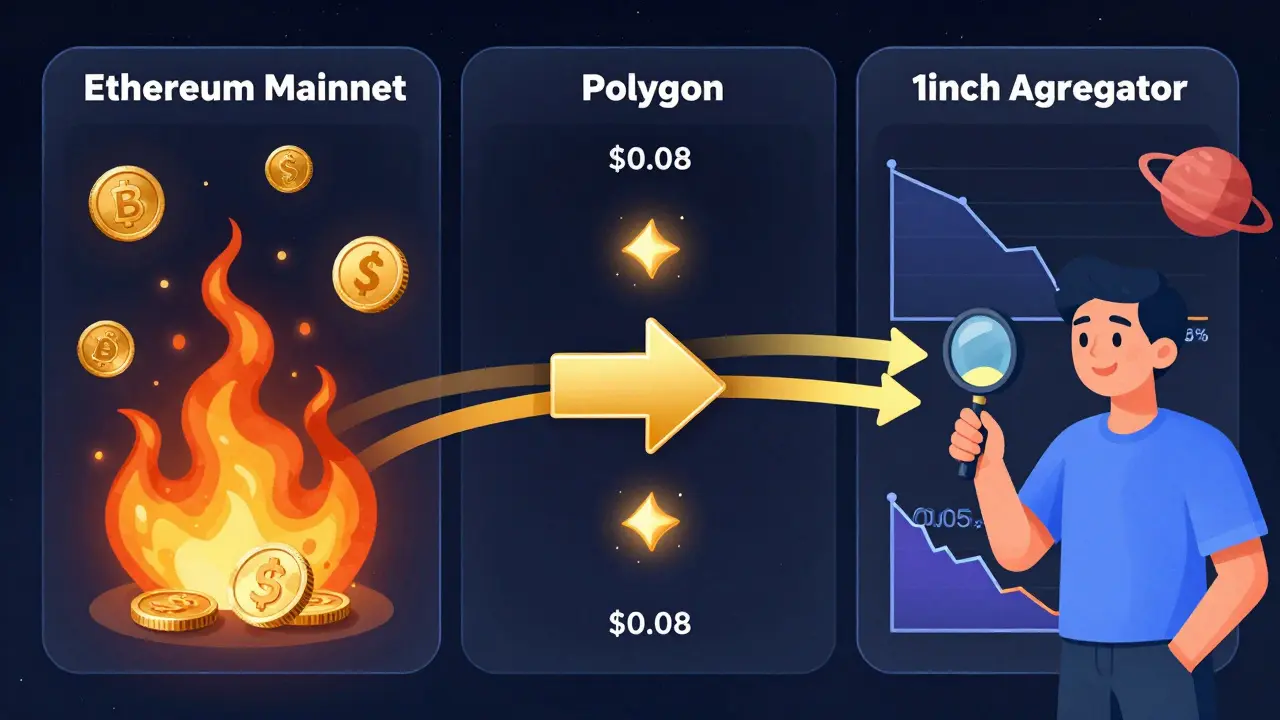 Una dashboard di trading illustrata con tre percorsi per DEX: Ethereum costoso, Polygon economico e 1inch che ottimizza gli scambi.