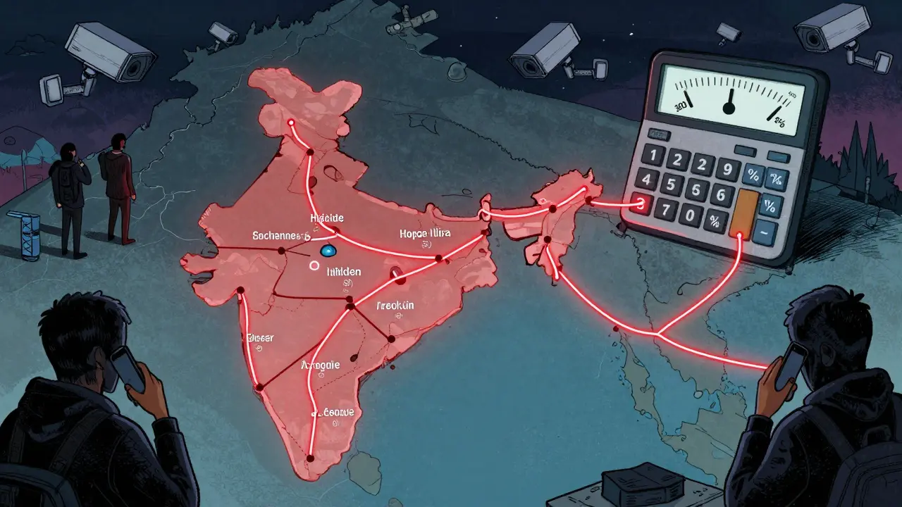 Una mappa dell'India con flussi di criptovalute verso l'estero e simboli fiscali che la sovrastano.