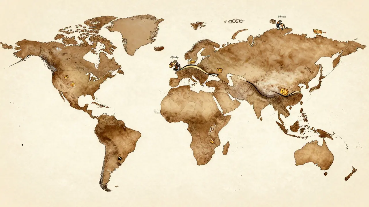 Una mappa globale con onde di dati che impiegano 10 minuti per viaggiare tra i nodi della rete Bitcoin.
