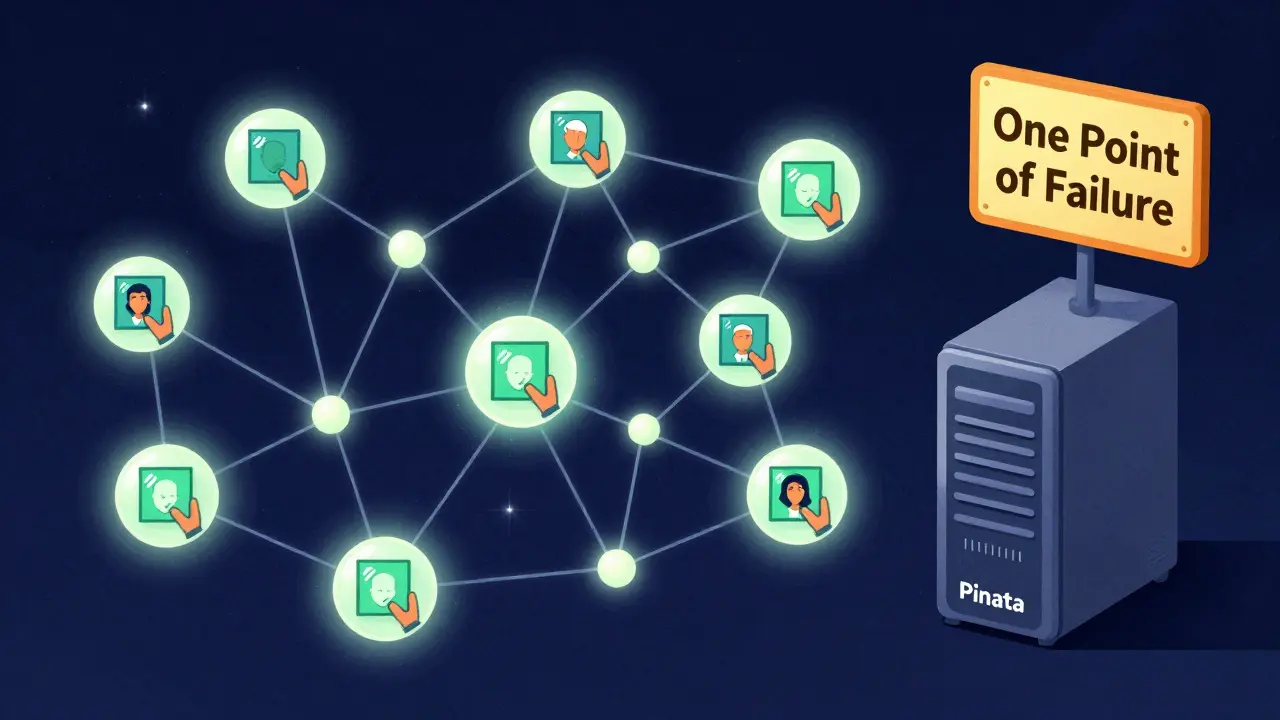 Una rete di nodi decentralizzati che condividono un&#039;immagine NFT, con un server isolato che fallisce.