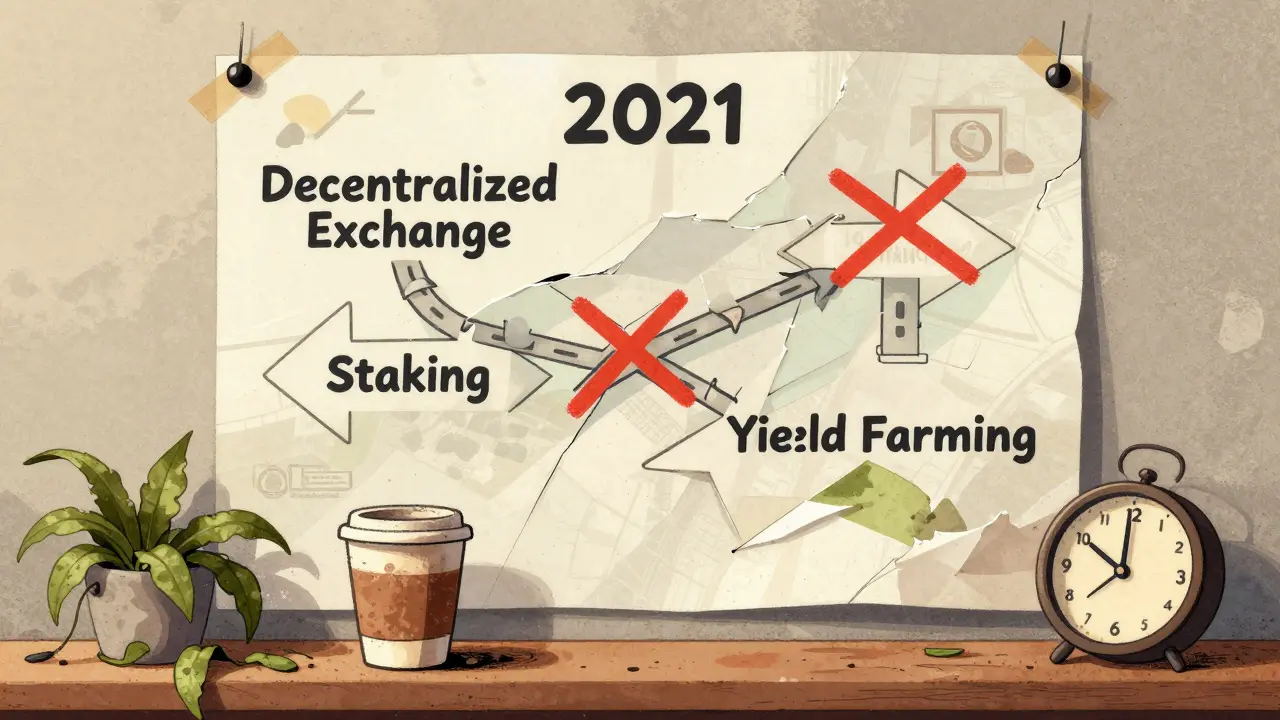 Una roadmap abbandonata del 2021 con progetti DeFi cancellati e una pianta morta.