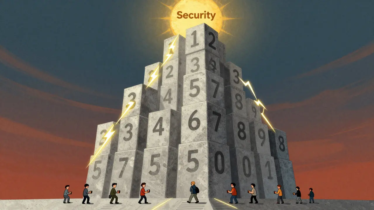 Una torre di blocchi Bitcoin con conferme da 1 a 6, illuminata da un sole di sicurezza, con il Lightning Network che corre lungo i lati.