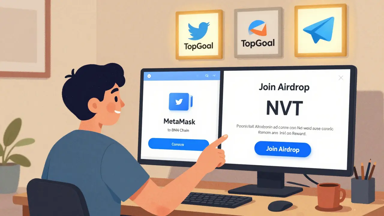 Utente che partecipa a un airdrop TopGoal con wallet collegato e icone ufficiali sullo sfondo.