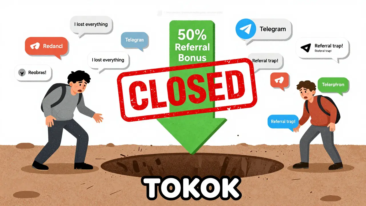 Utente circondato da chat di social media che avvertono di una trappola di referral con bonus eccessivi.