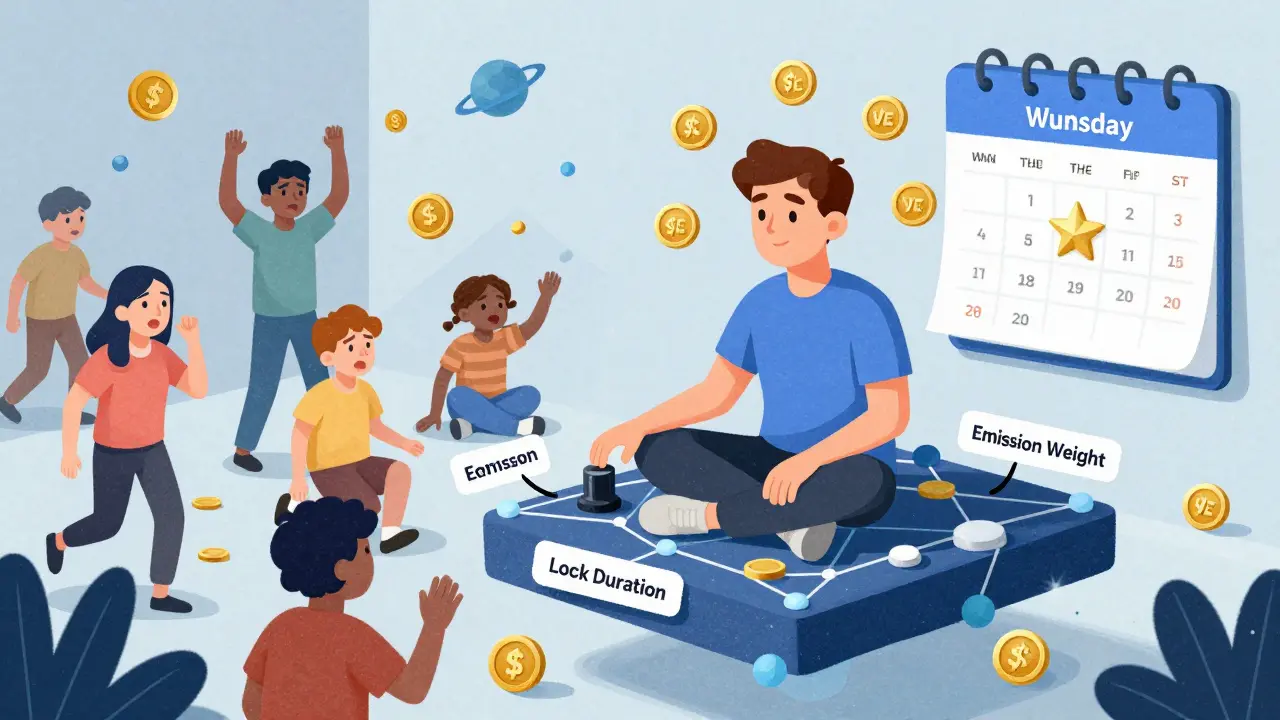 Utente esperto di DeFi che gestisce il locking dei token VELO, mentre principianti lottano con errori intorno a lui.