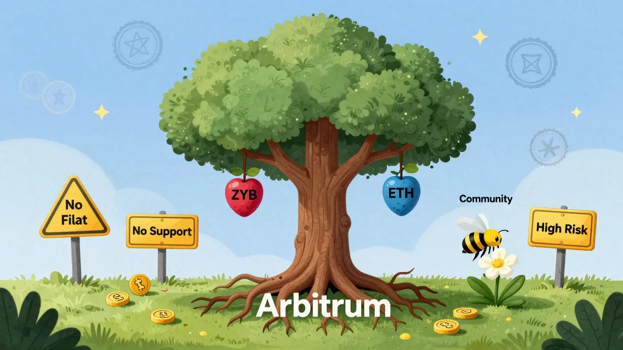 Albero blockchain con due frutti, circondato da avvertimenti e un'ape della comunità che lo impollina.