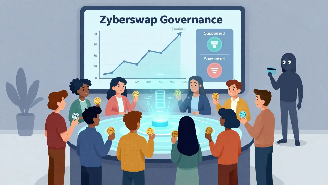 Comunità che vota su proposte di governance per Zyberswap, con solo due token supportati visibili.