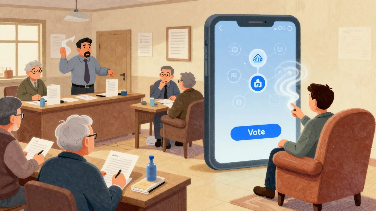 Confronto tra un seggio elettorale tradizionale caotico e un voto digitale tranquillo, con nodi blockchain visibili come fumi trasparenti.