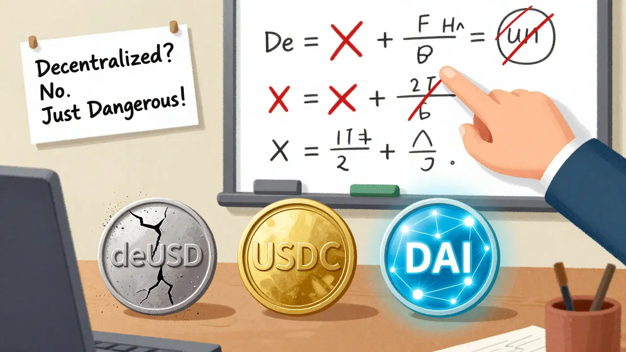 Confronto visivo tra deUSD fallito, USDC stabile e DAI decentralizzato su una scrivania.