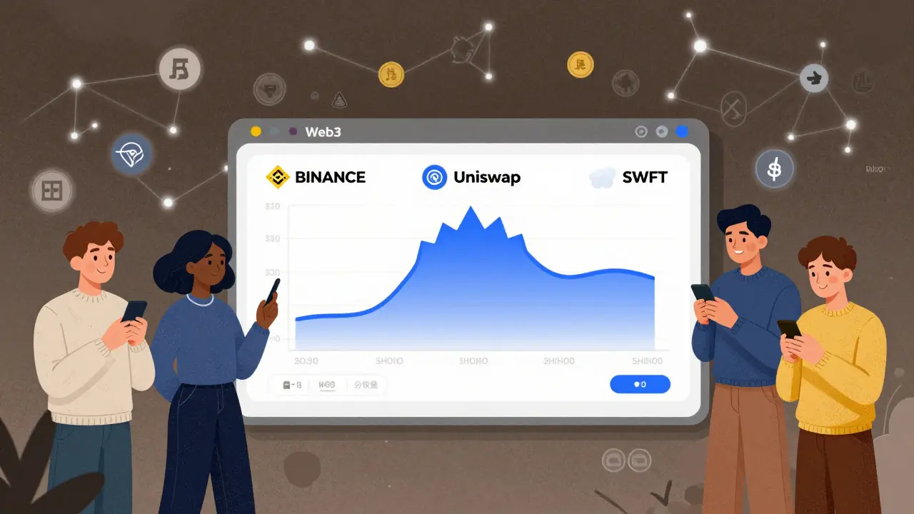 Dashboard Web3 che confronta i costi di scambio tra Binance, Uniswap e SWFT con utenti soddisfatti.