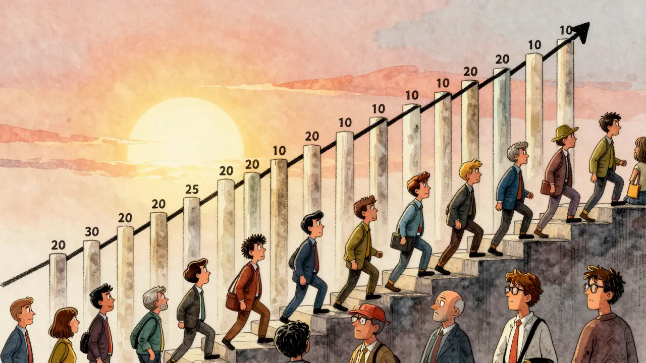 Diciotto candele che salgono sopra una media mobile, investitori che salgono una scala di volumi.