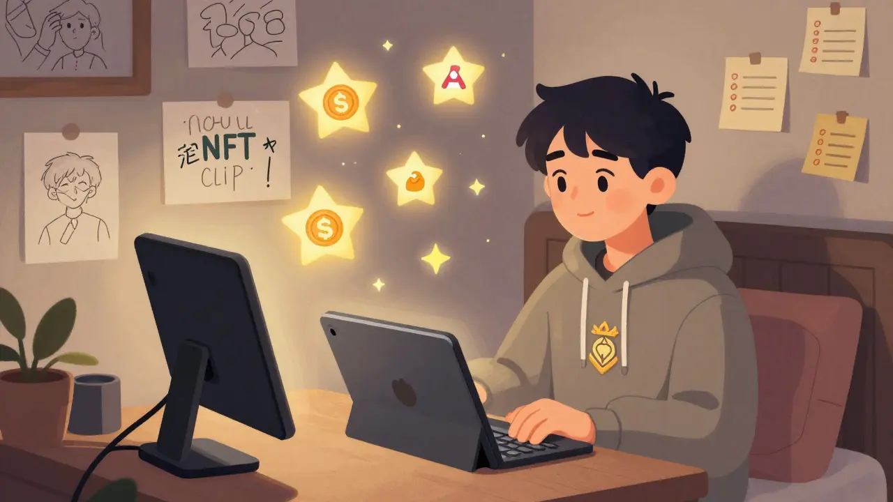 Fan in camera che guarda uno stream con token che rivelano ricompense.