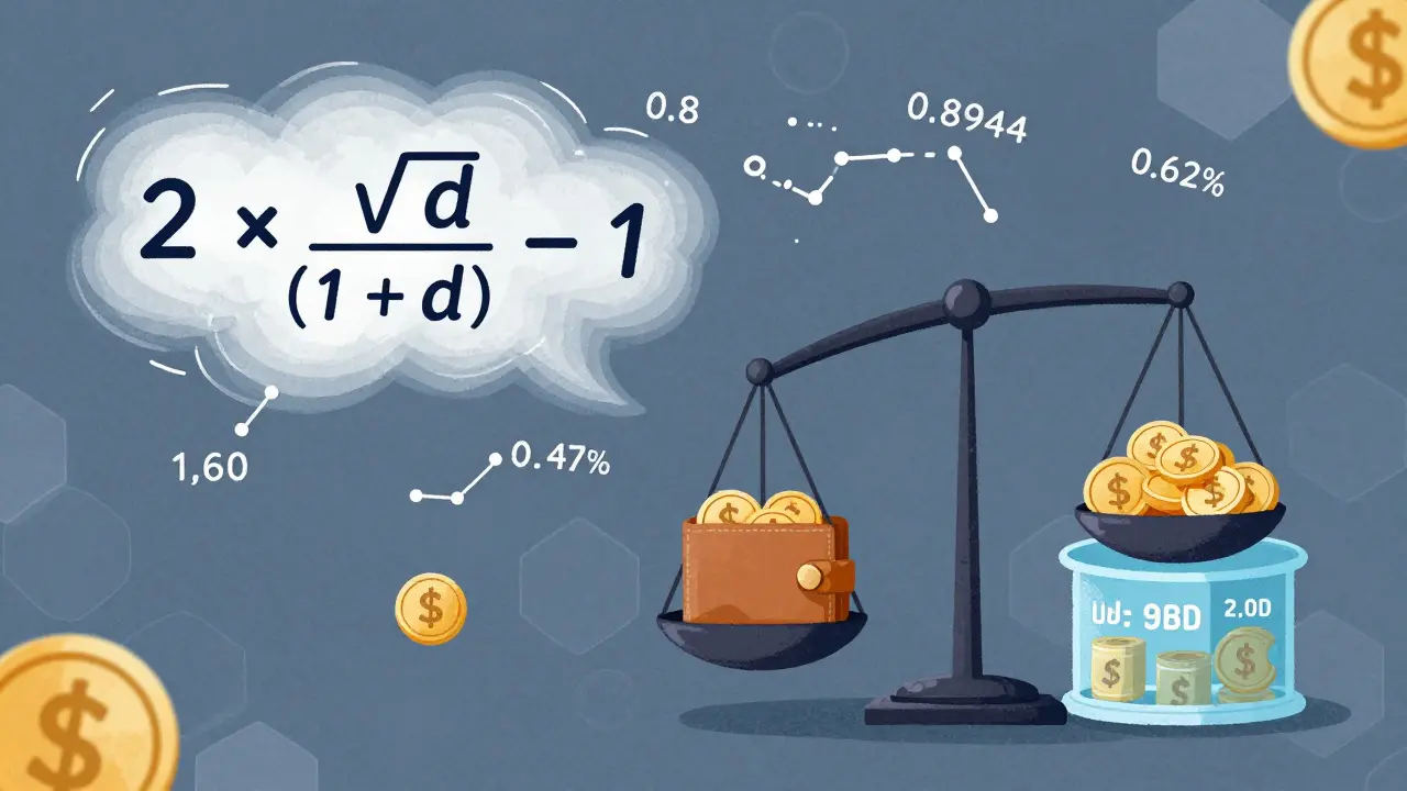 Formula matematica della perdita impermanente con numeri che ruotano e bilance che mostrano la differenza tra portafoglio e pool.