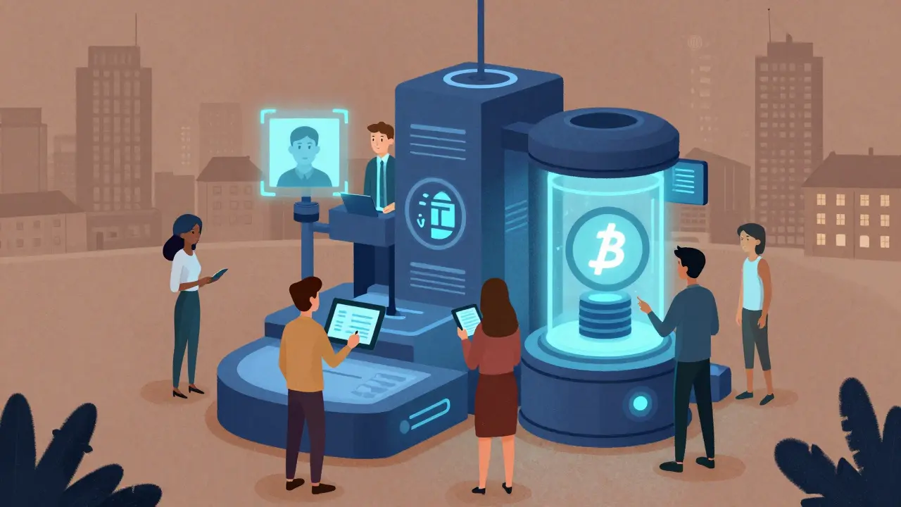 Gruppo di persone che interagisce con un hub di identità digitale in una città futuristica.