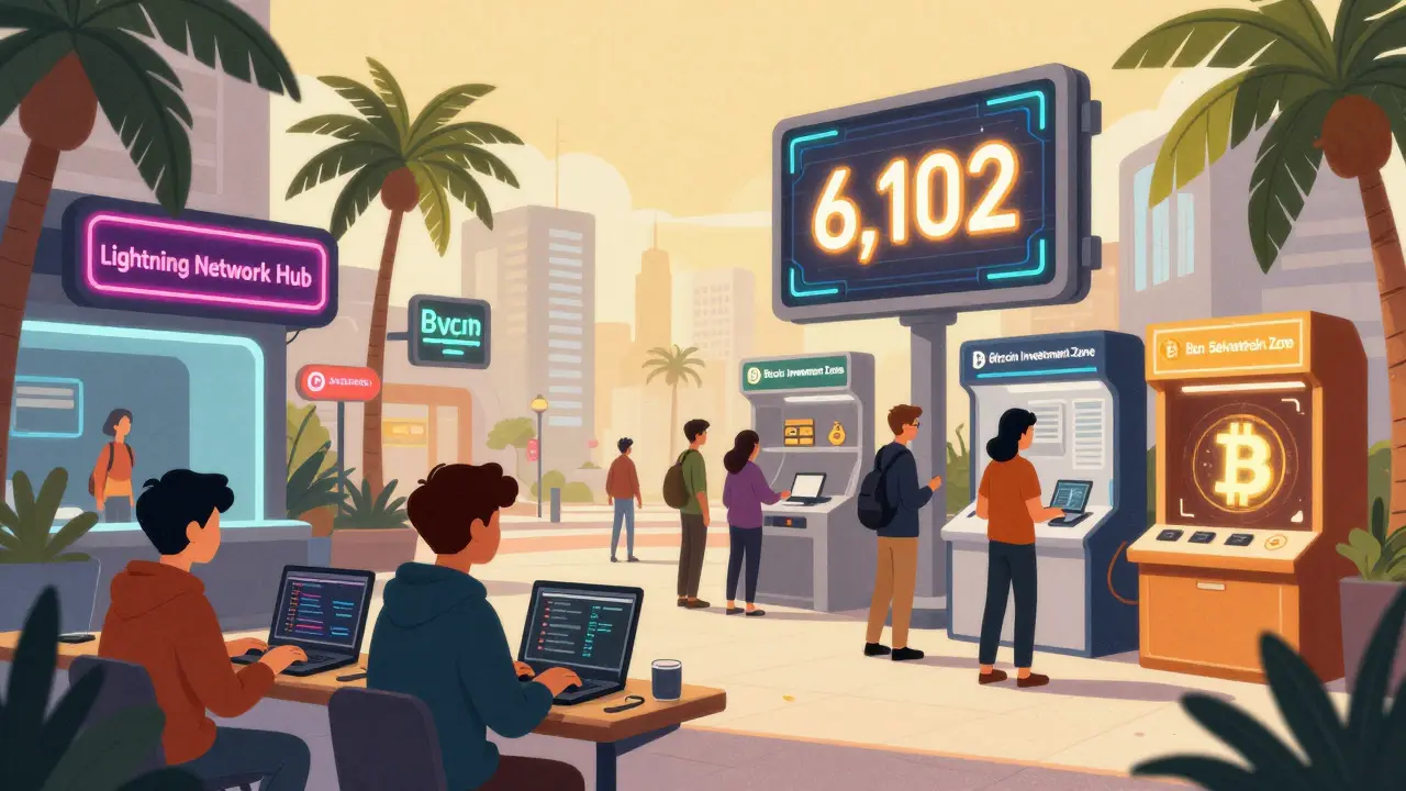 Hub tecnologico a San Salvador con sviluppatori che codificano, Bitcoin come riserva e turisti che scambiano valute.