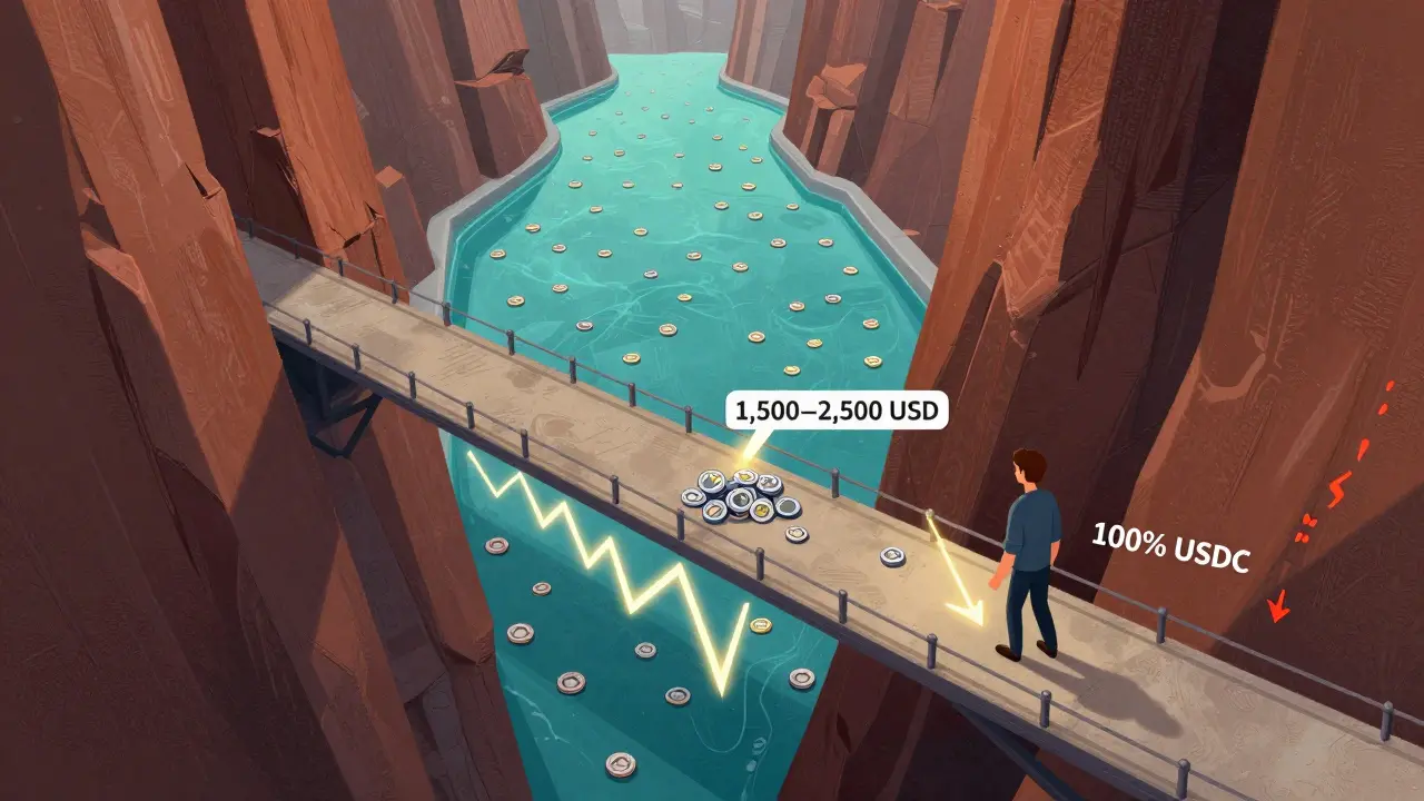 Pool di liquidità Uniswap v3 come ponte stretto con prezzi che escono dall'intervallo, lasciando l'utente con un solo token.