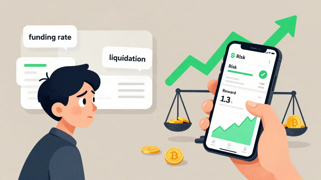 Scena divisa: un principiante confuso da termini complessi contro un trader esperto che usa un'app mobile con un guadagno in aumento.