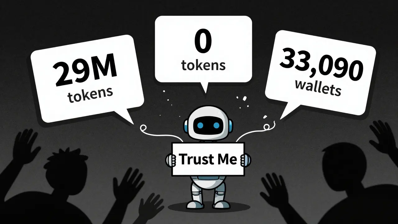 Tre pannelli dati contraddittori fluttuano in aria, collegati a un robot vuoto che dice 'Fidati di me'.