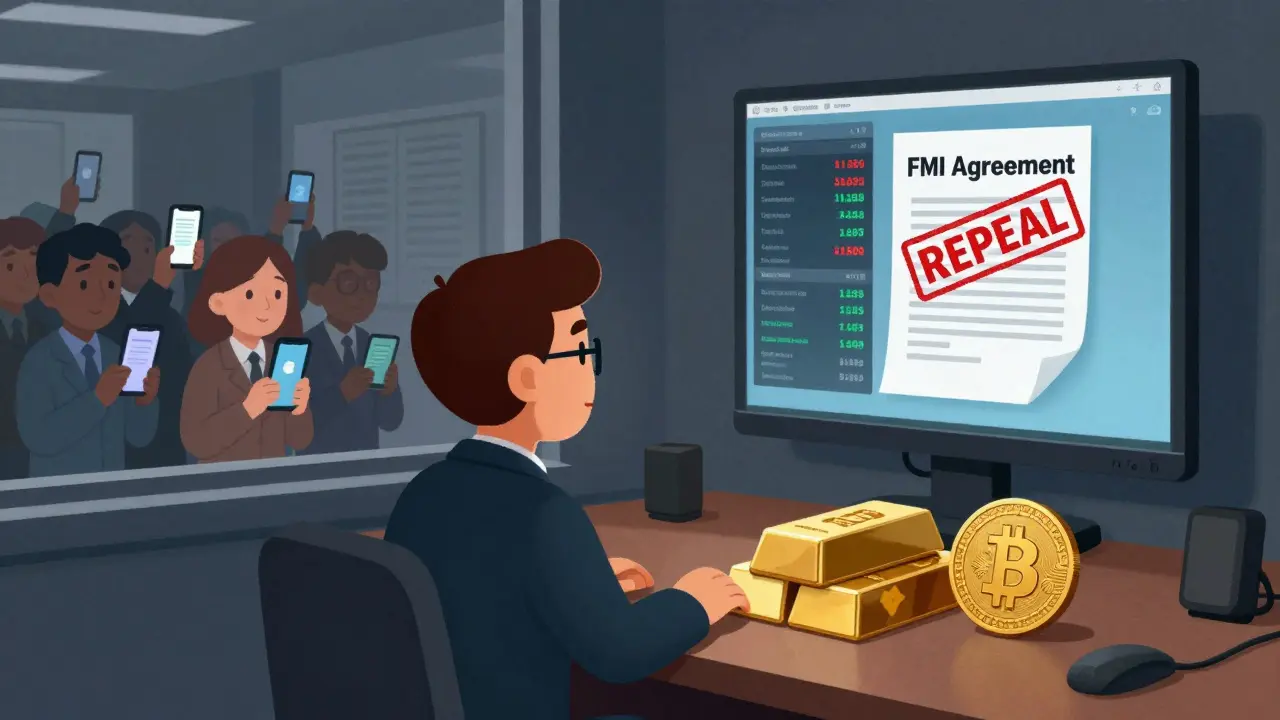 Ufficio governativo con grafici Bitcoin e documento di accordo FMI, cittadini che disinstallano l'app Chivo.