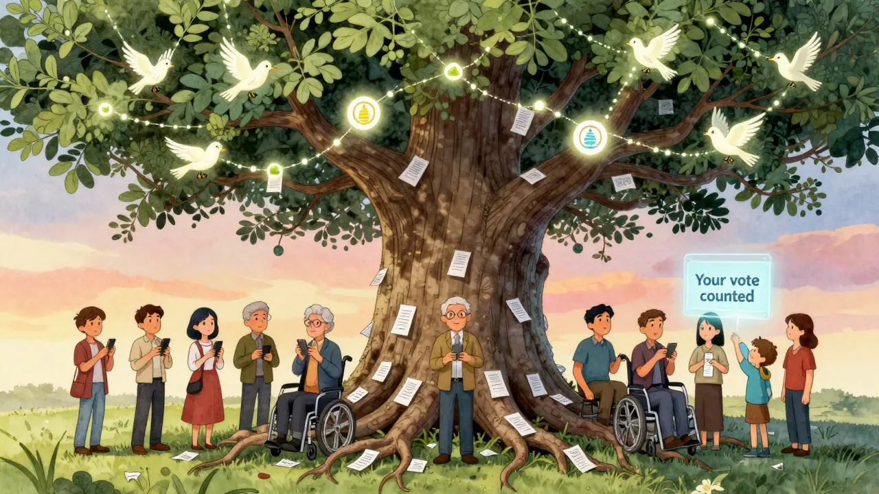 Un albero con radici di carte e rami di blockchain, persone che votano con dispositivi e fogli insieme, sotto un cielo al tramonto.