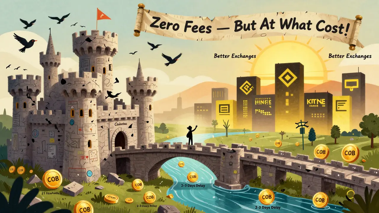 Un castello in rovina chiamato Cobinhood, circondato da richieste di prelievo lente, mentre altri exchange brillano in lontananza.