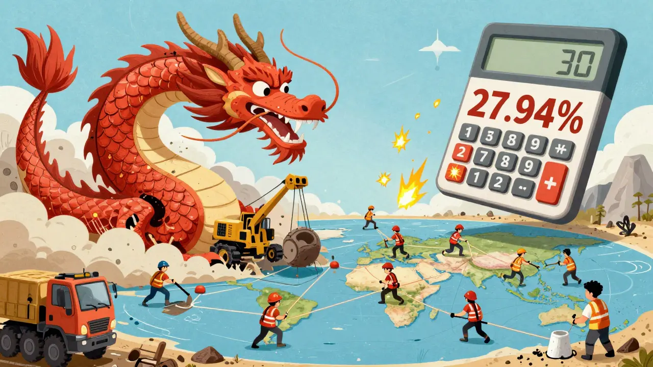 Un drago di macchine da mining cinese che crolla mentre miner globali si riorganizzano e un calcolatore mostra un taglio della difficoltà del 27,94%.