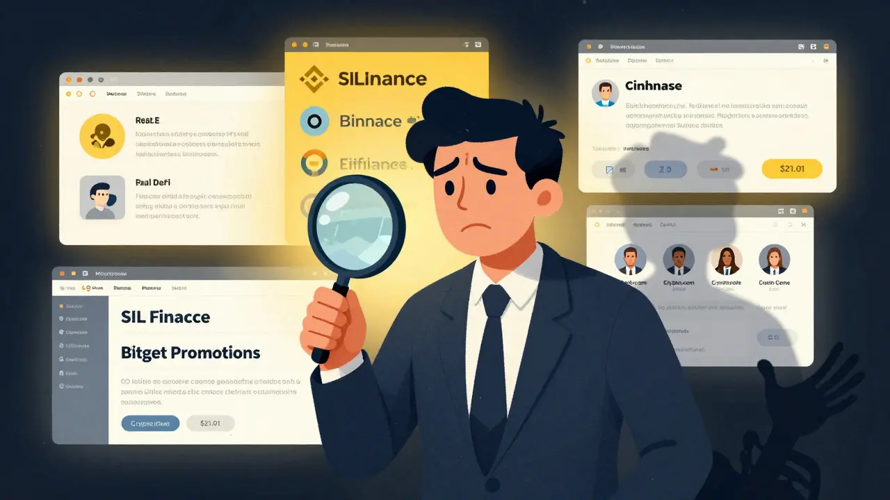 Un investitore confuso tra siti falsi e progetti DeFi reali, con ombre che mostrano illusioni.