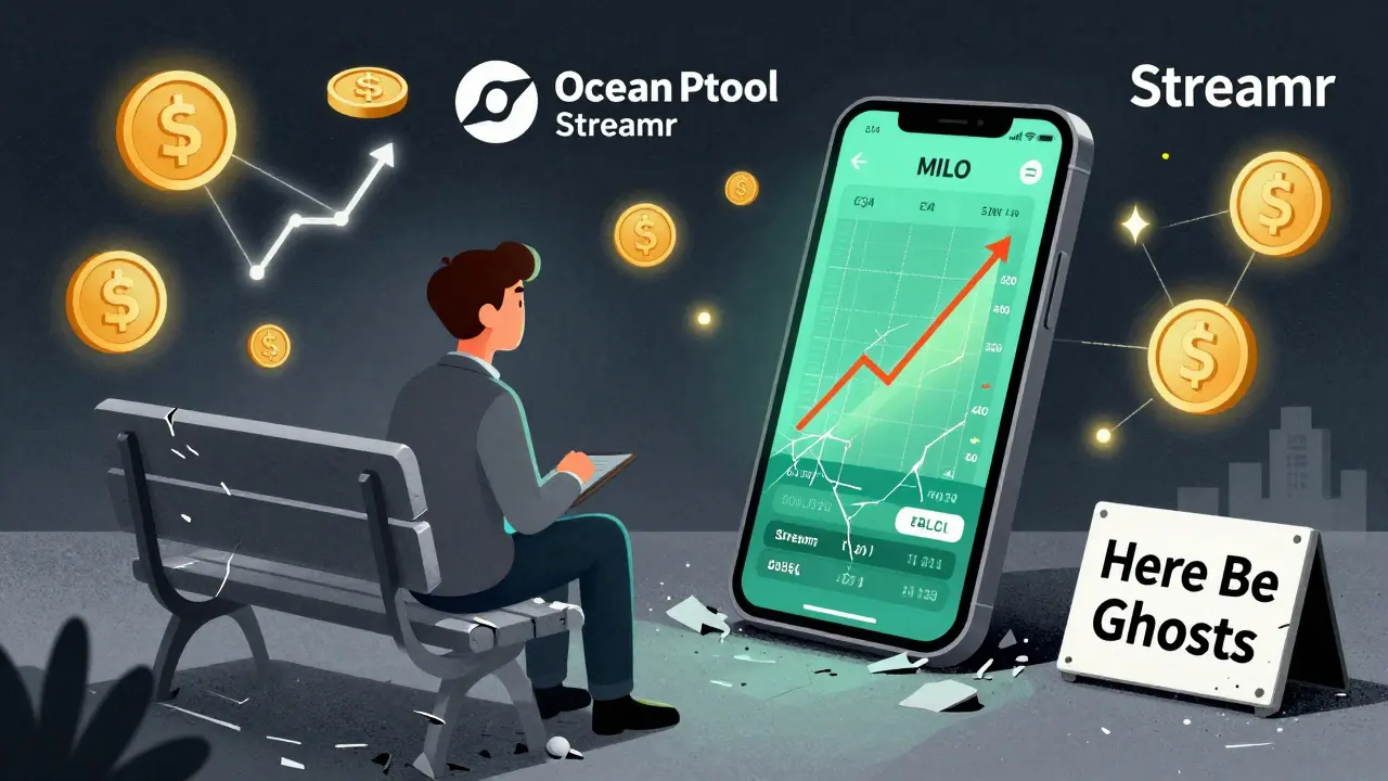 Un investitore guarda uno schermo rotto con un grafico MILO, mentre progetti reali brillano alle sue spalle.
