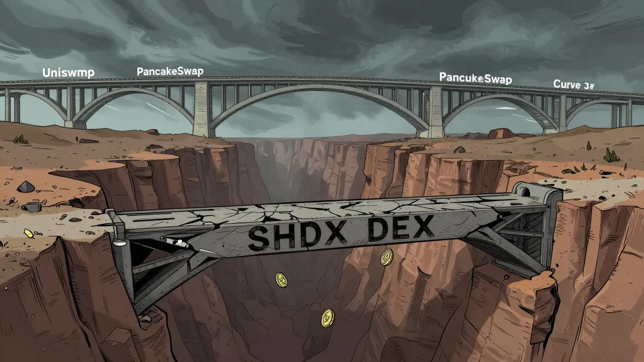 Un ponte digitale in rovina che cade in un abisso, mentre altri ponti rimangono saldi.