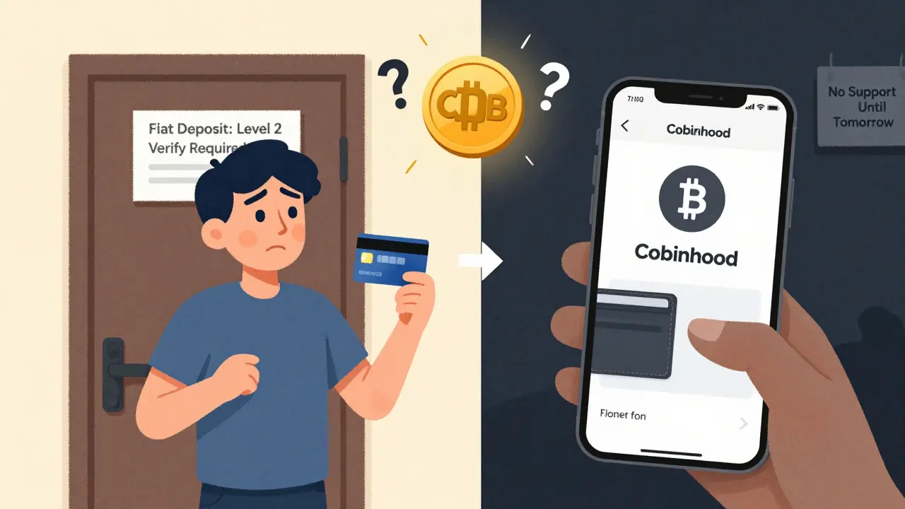 Un principiante bloccato da un portale bloccato, mentre un trader esperto trasferisce criptovalute su Cobinhood.