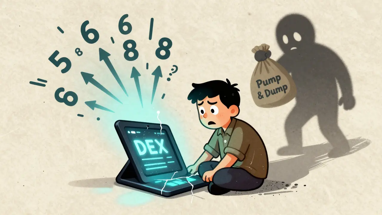 Un trader confuso davanti a un'interfaccia DEX instabile con prezzi che impazziscono.