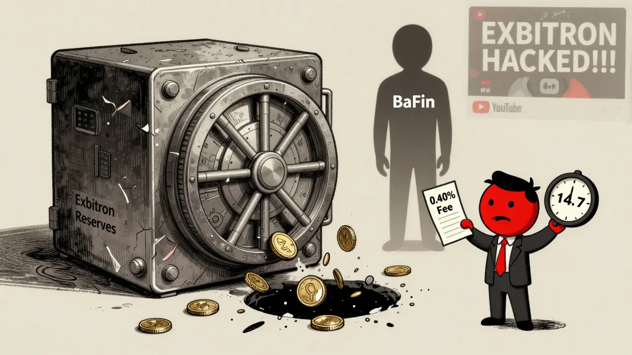 Una cassaforte digitale che si sgretola mentre le monete cadono in un buco nero, con un orologio che segna 14,7 giorni di attesa.