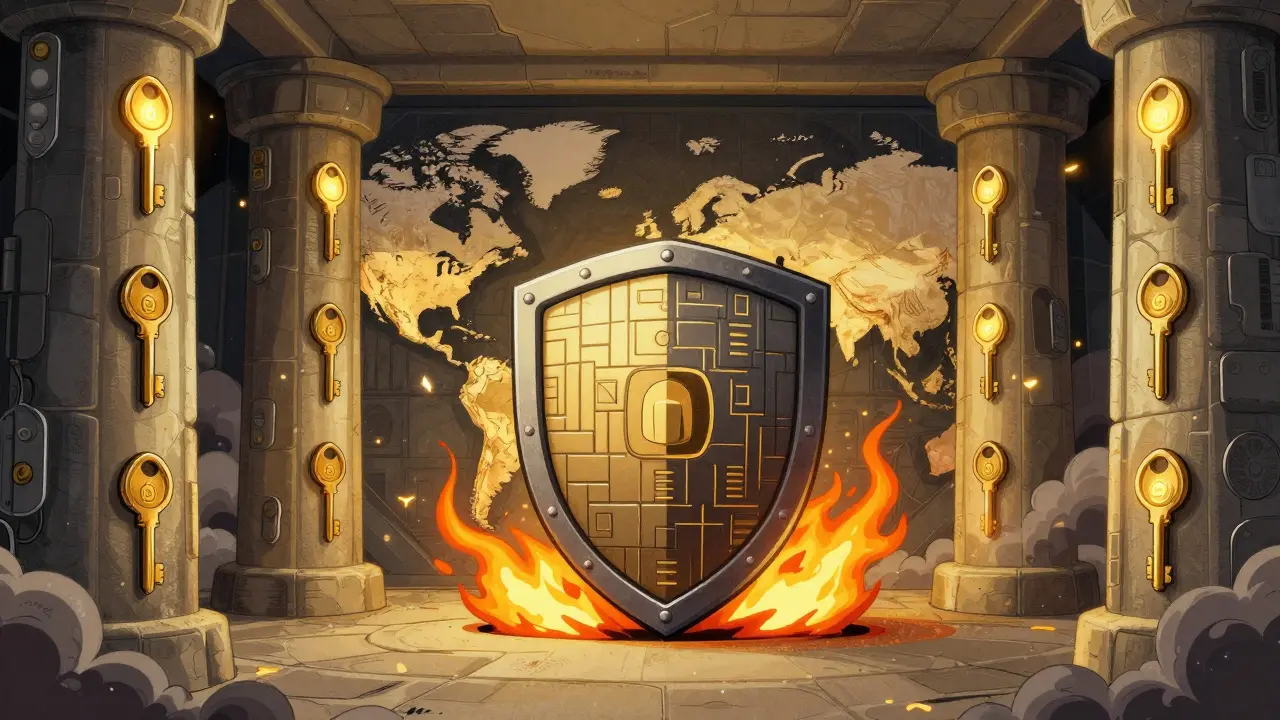 Una cassaforte digitale protetta da chiavi fisiche globali, immersa in un campo di blockchain che respinge attacchi informatici.