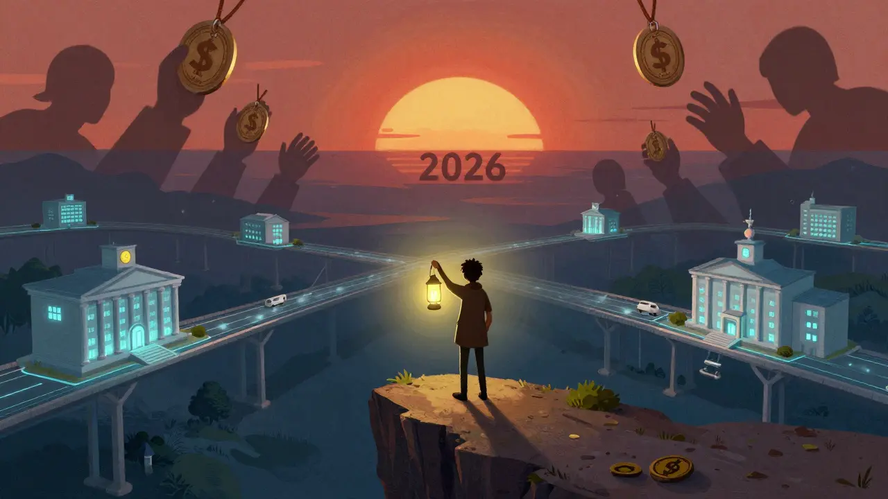 Una figura su una rupe con un token IDTT che illumina ponti verso servizi digitali.