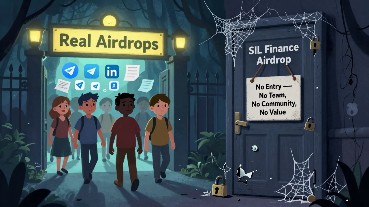 Una porta chiusa con il nome SIL Finance coperta di ragnatele, mentre altri progetti DeFi brillano in lontananza.