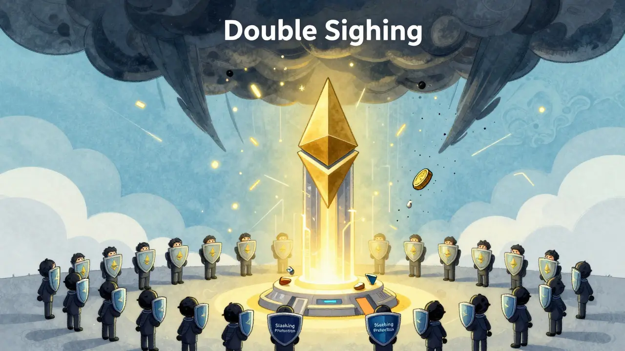 Una torre Ethereum luminosa circondata da validatori protetti, mentre una tempesta di doppia firma esplode sopra di loro.